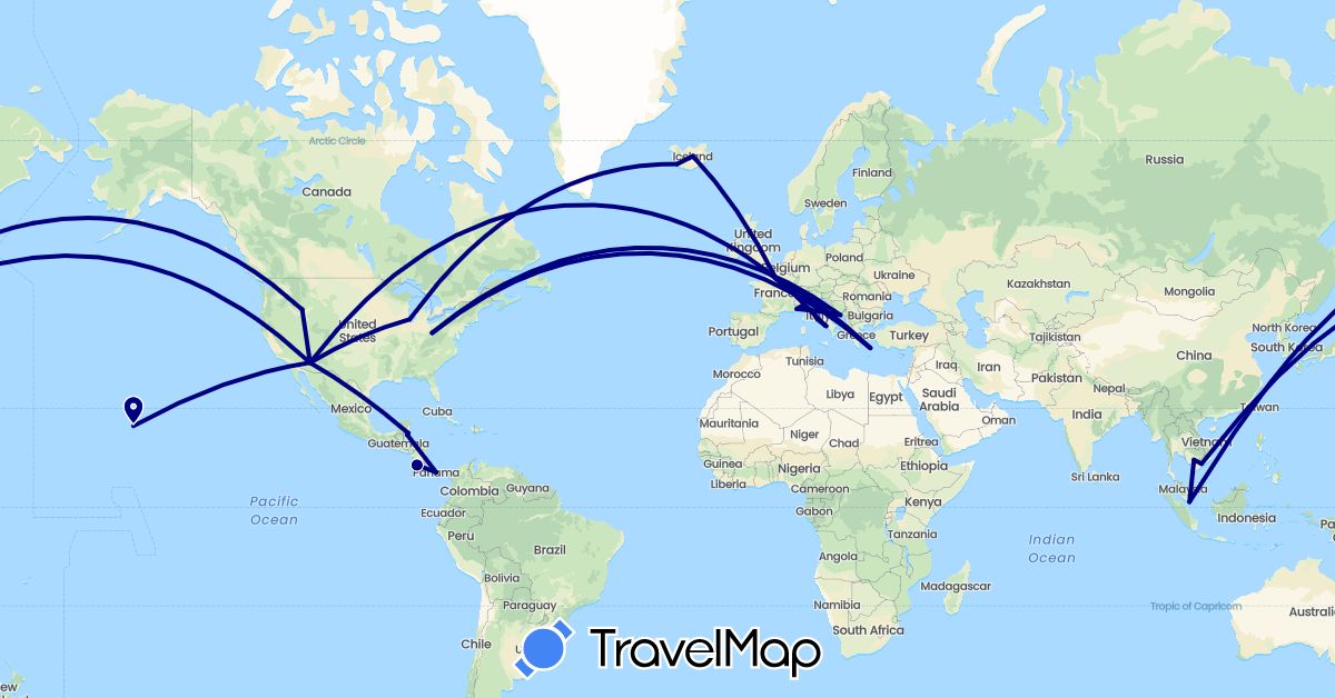 TravelMap itinerary: driving in Belize, Costa Rica, France, Greece, Croatia, Iceland, Italy, Cambodia, Monaco, Panama, Singapore, United States, Vietnam (Asia, Europe, North America)